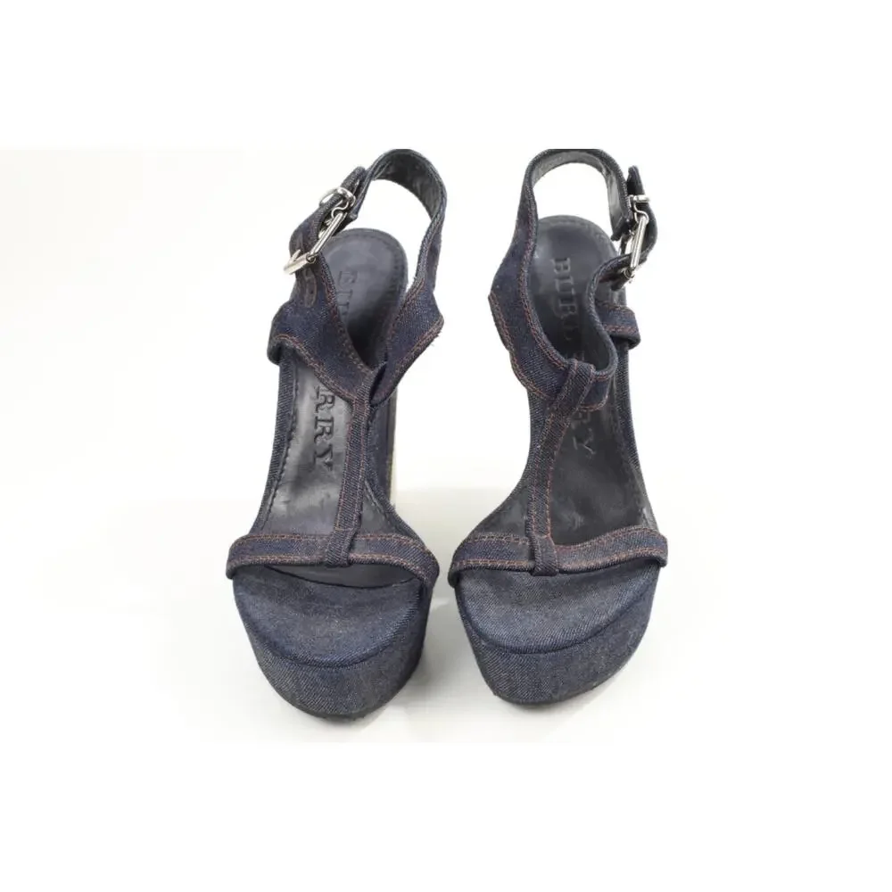 Burberry Navy Denim Buckle Ankle T-Strap Wedge Sandals Designer Shoes Size 38.5 - Picture 3 of 16